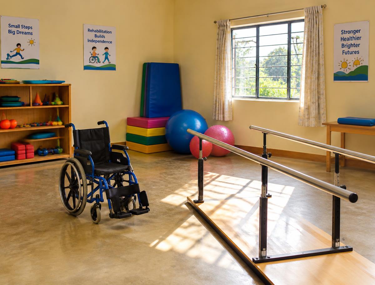 A bright rehabilitation room with a wheelchair, walking bars and therapy mats